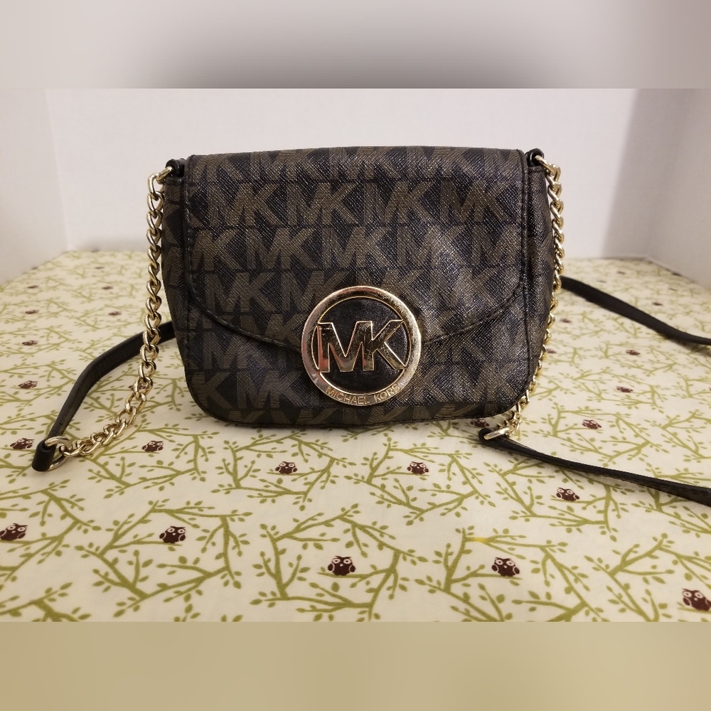 Michael Kors Brown MK Logo Crossbody Bag Gold Chain Small Brown Purse